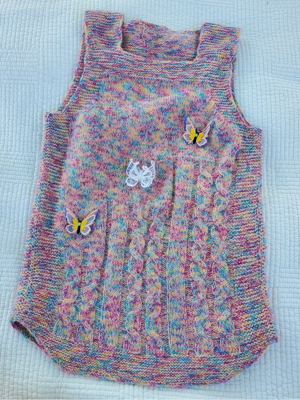 Hand-Knit Multicolor Girls' Sleeveless Tunic Top - Butterfly Accent